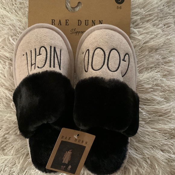 Rae Dunn Shoes - RAE DUNN Good Night Slippers NWT, sz Small 5-6, taupe & black,